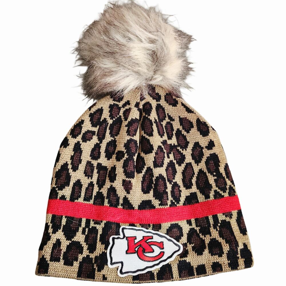 KC Chiefs Leopard Print Arrowhead Pom Beanie